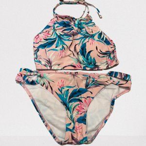 Pink Tropical Print High Neck Bikini M